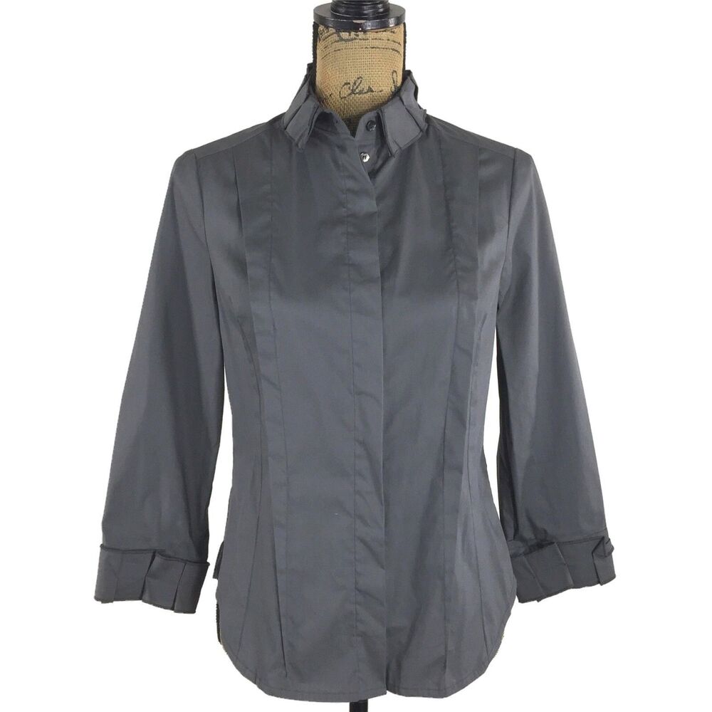 ECCOCI 6 Med Gray Slate Shirt Pleat Collar Cuff Hidden Button Top Classic Career